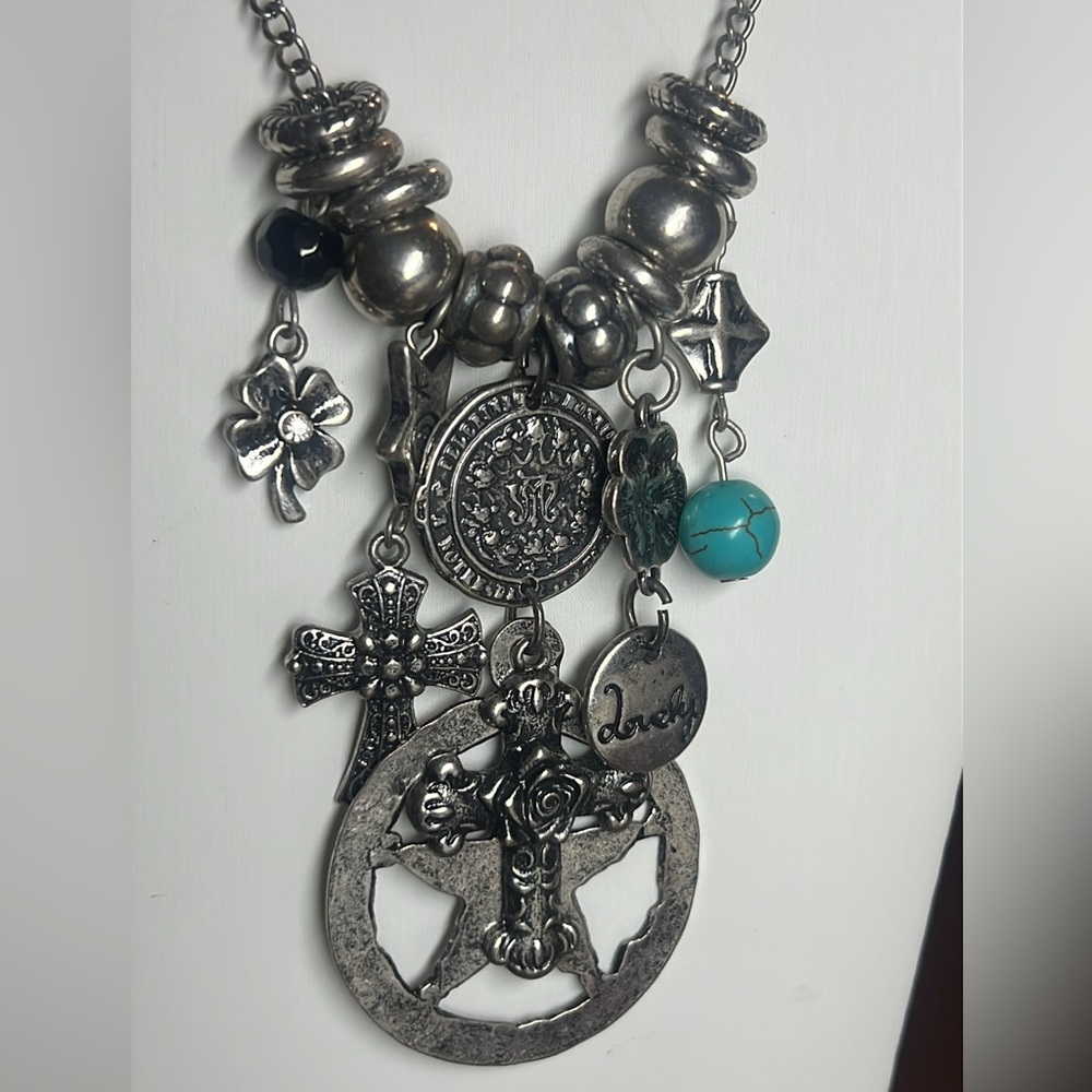 Boho Silver Cross Medallion Necklace with Turquoise Bead Charm Layered Statement - Picture 2 of 3